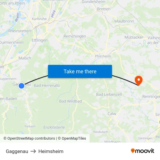 Gaggenau to Heimsheim map