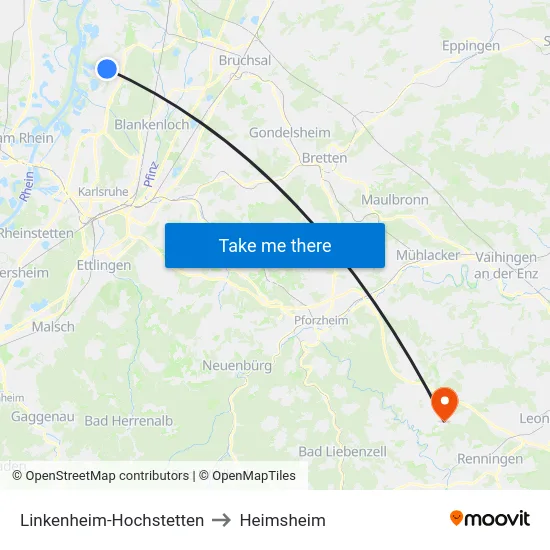 Linkenheim-Hochstetten to Heimsheim map
