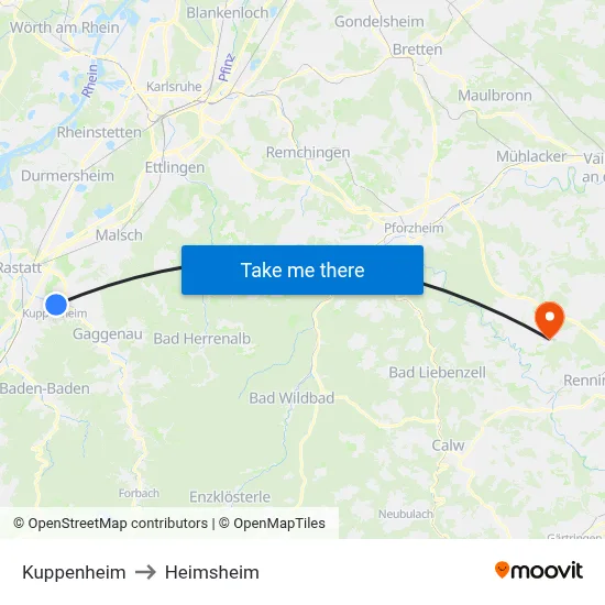 Kuppenheim to Heimsheim map