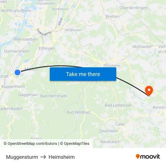 Muggensturm to Heimsheim map
