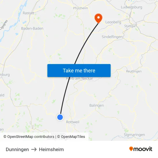 Dunningen to Heimsheim map