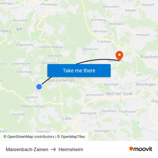 Maisenbach-Zainen to Heimsheim map