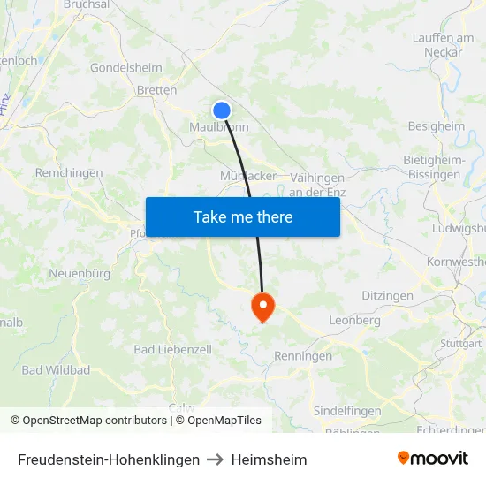 Freudenstein-Hohenklingen to Heimsheim map