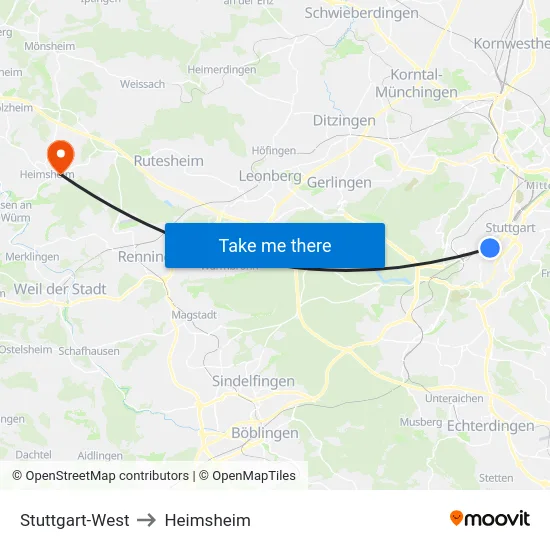 Stuttgart-West to Heimsheim map