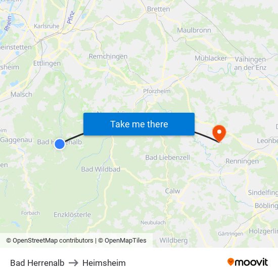 Bad Herrenalb to Heimsheim map