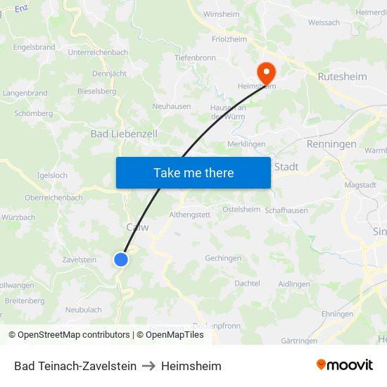 Bad Teinach-Zavelstein to Heimsheim map