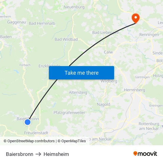 Baiersbronn to Heimsheim map