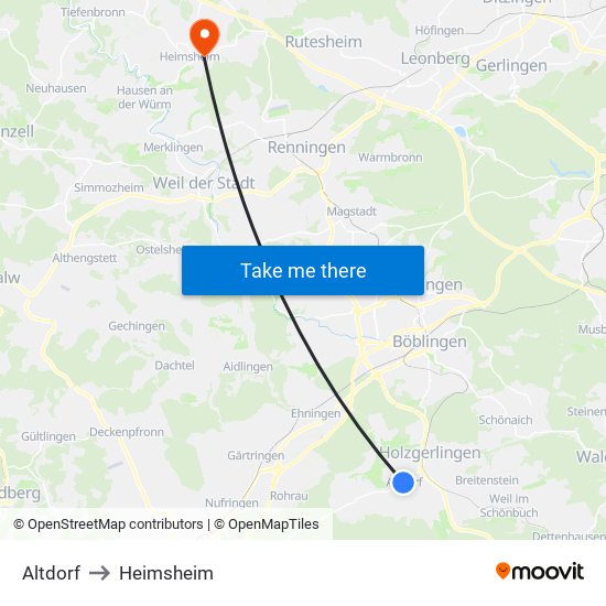 Altdorf to Heimsheim map