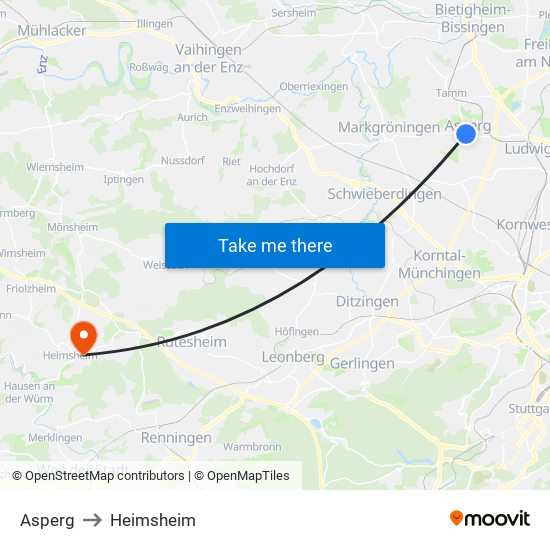 Asperg to Heimsheim map