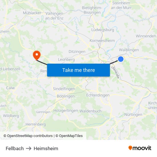 Fellbach to Heimsheim map