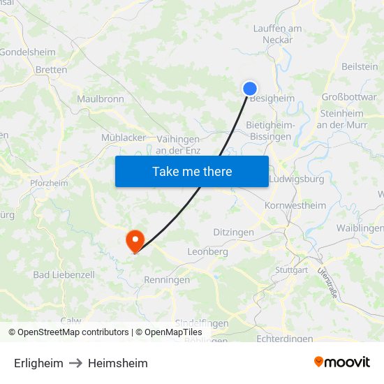 Erligheim to Heimsheim map