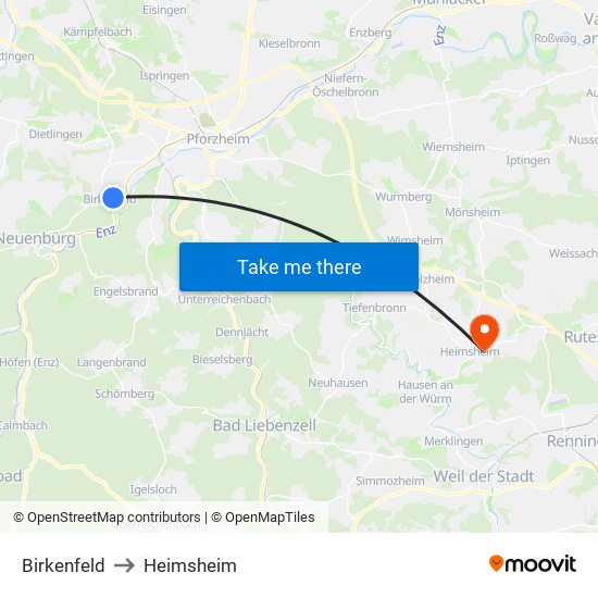 Birkenfeld to Heimsheim map