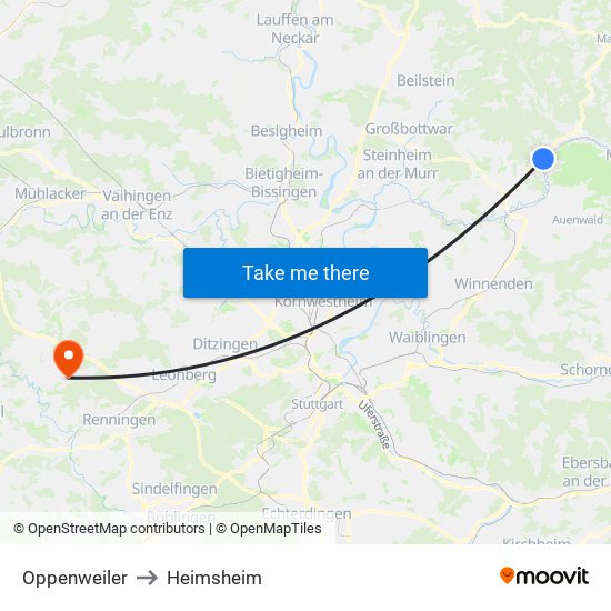 Oppenweiler to Heimsheim map