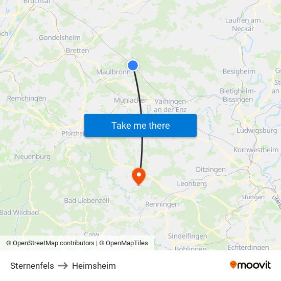 Sternenfels to Heimsheim map
