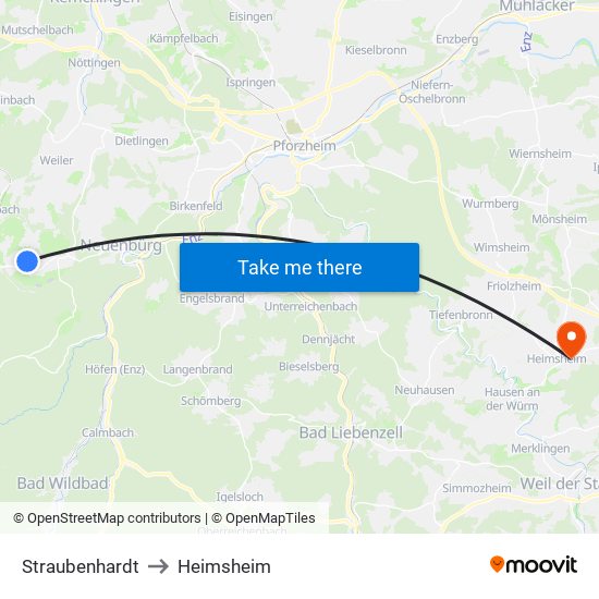 Straubenhardt to Heimsheim map