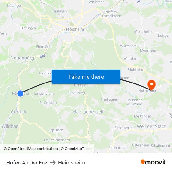 Höfen An Der Enz to Heimsheim map