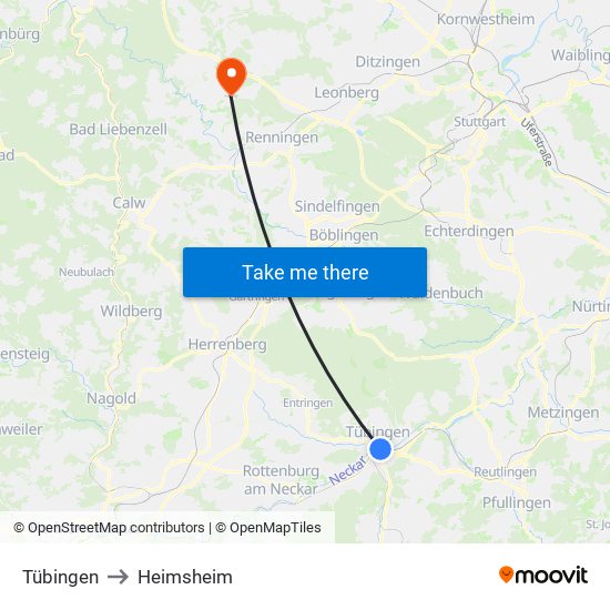Tübingen to Heimsheim map