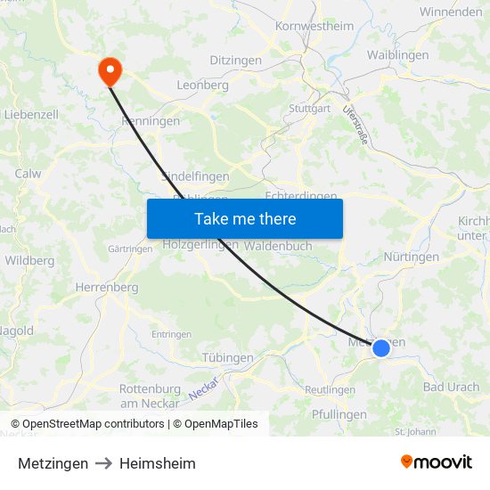 Metzingen to Heimsheim map