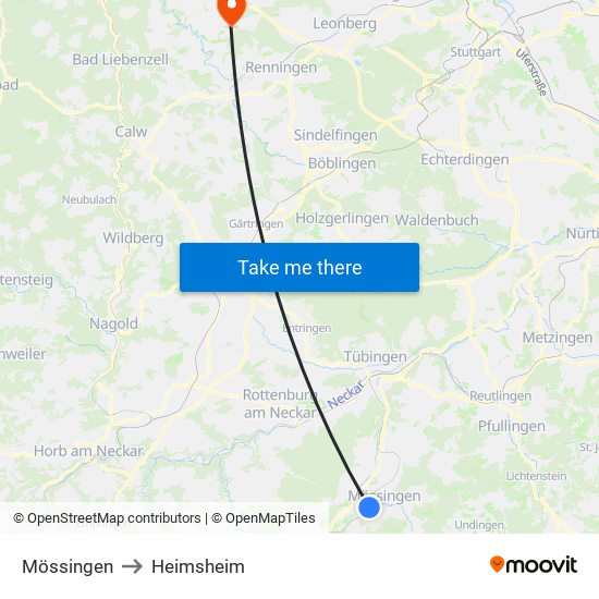 Mössingen to Heimsheim map