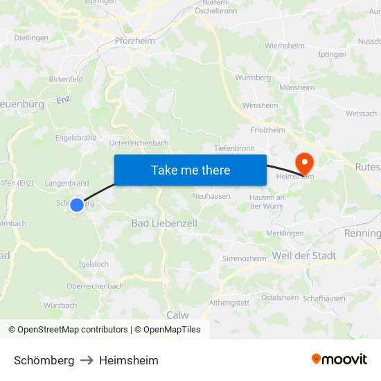 Schömberg to Heimsheim map