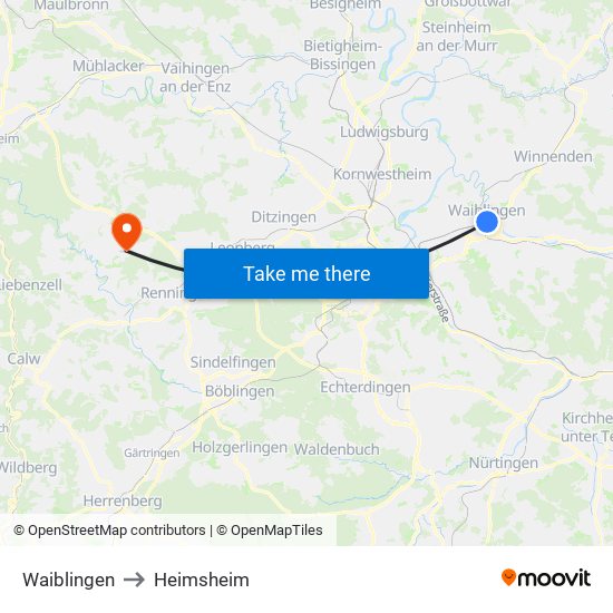 Waiblingen to Heimsheim map