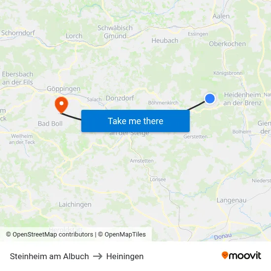 Steinheim am Albuch to Heiningen map