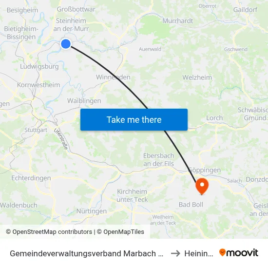 Gemeindeverwaltungsverband Marbach am Neckar to Heiningen map