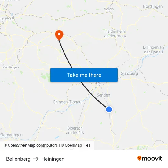 Bellenberg to Heiningen map