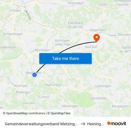 Gemeindeverwaltungsverband Metzingen to Heiningen map