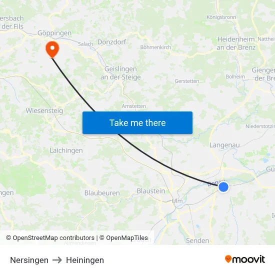 Nersingen to Heiningen map