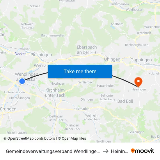 Gemeindeverwaltungsverband Wendlingen am Neckar to Heiningen map
