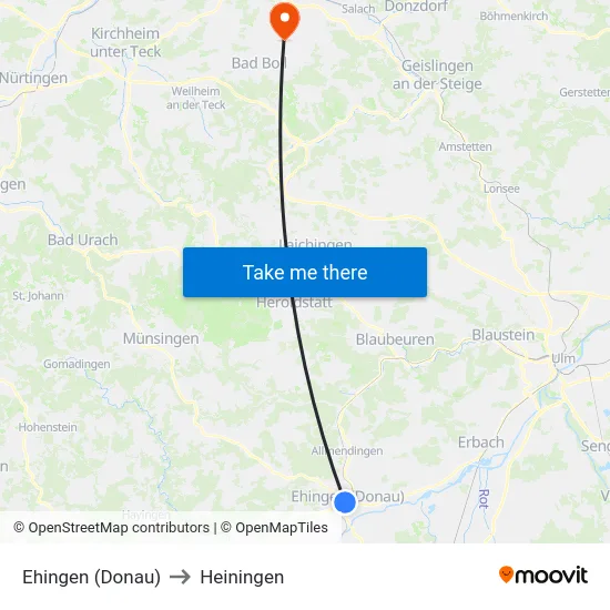 Ehingen (Donau) to Heiningen map