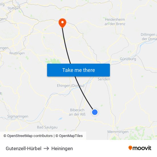 Gutenzell-Hürbel to Heiningen map