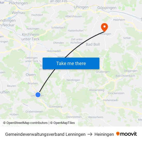 Gemeindeverwaltungsverband Lenningen to Heiningen map