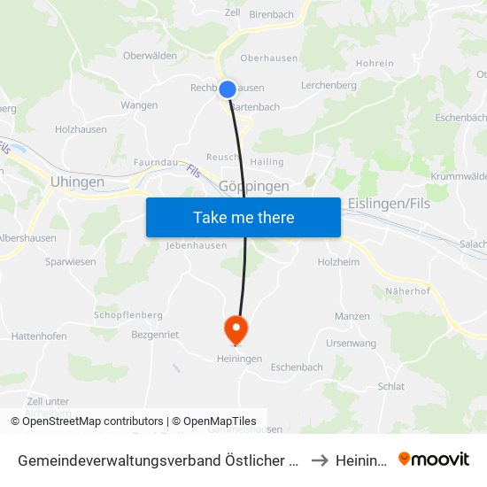 Gemeindeverwaltungsverband Östlicher Schurwald to Heiningen map