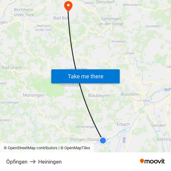 Öpfingen to Heiningen map