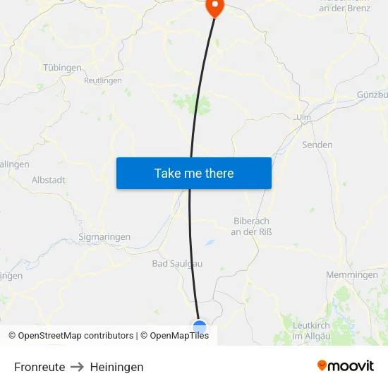 Fronreute to Heiningen map