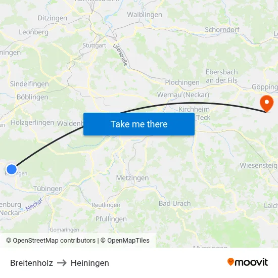 Breitenholz to Heiningen map