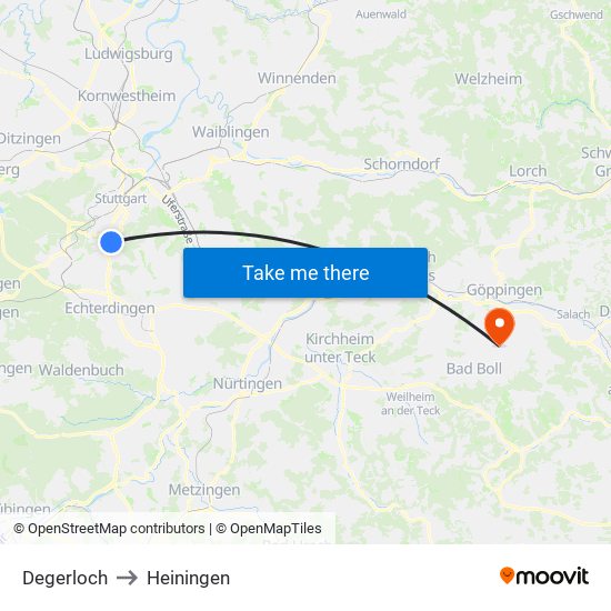 Degerloch to Heiningen map