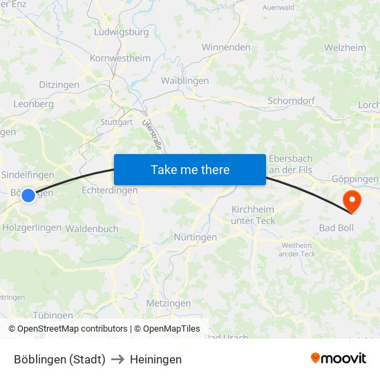 Böblingen (Stadt) to Heiningen map