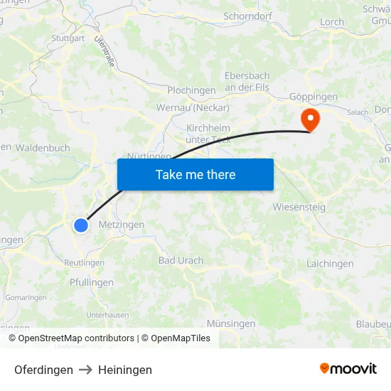 Oferdingen to Heiningen map