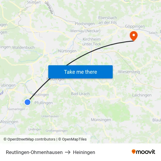 Reutlingen-Ohmenhausen to Heiningen map
