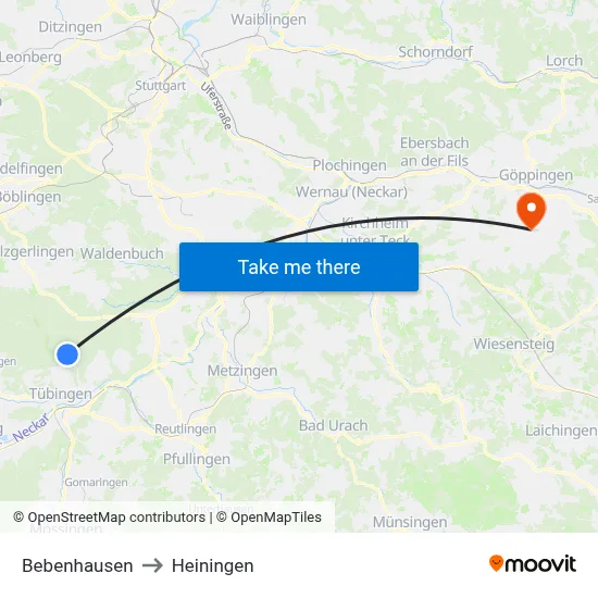 Bebenhausen to Heiningen map