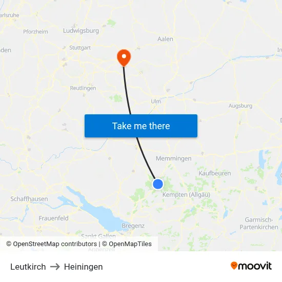 Leutkirch to Heiningen map