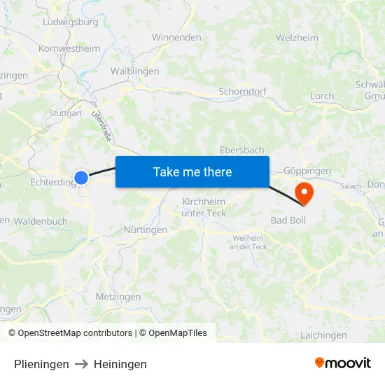 Plieningen to Heiningen map