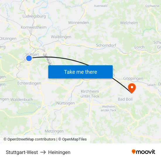 Stuttgart-West to Heiningen map