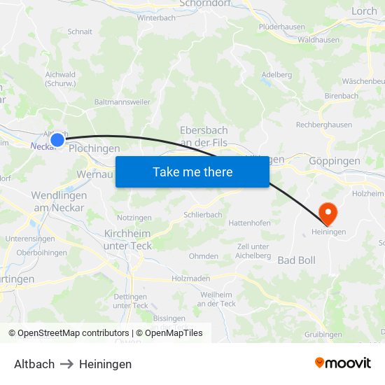 Altbach to Heiningen map