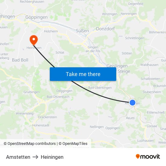 Amstetten to Heiningen map