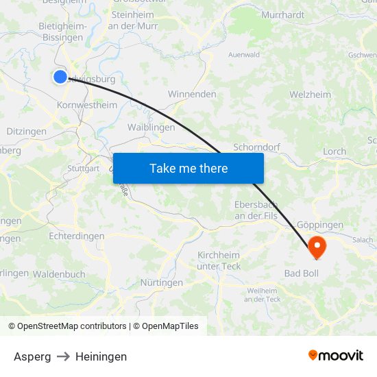 Asperg to Heiningen map
