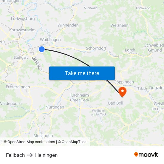 Fellbach to Heiningen map